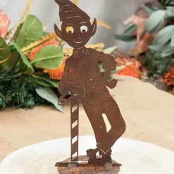 Christmas Elf Boy With Candy Cane On Stand Garden Art - 30Cm