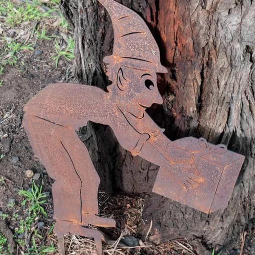 Christmas Elf Boy With Gift Garden Art Stake - 70Cm