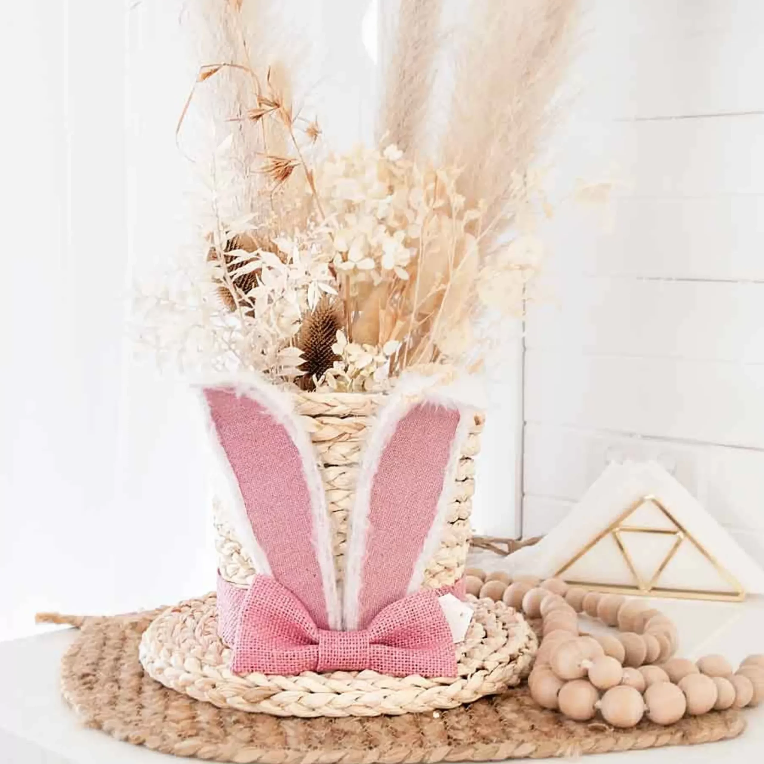Fawn Jute Robe Easter Hat With Pink Bunny Ears - 25Cm