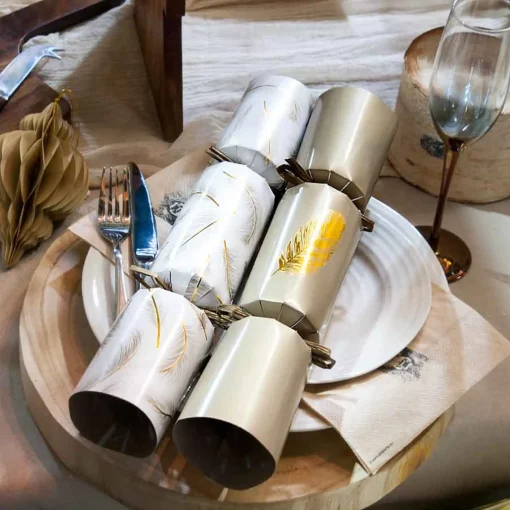 Gold Feather Deluxe Christmas Crackers (Pack Of 8) - 35Cm
