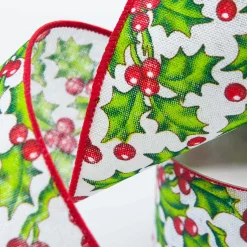 Holly With White Background Ribbon - 10M