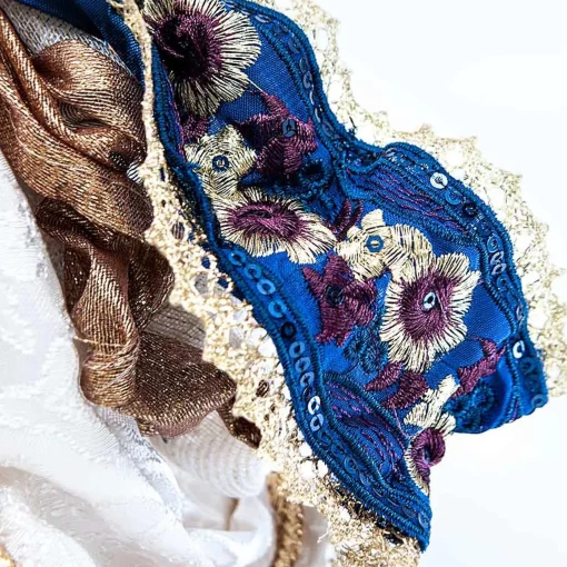 Ivory Blue Brocade Lace Standing Angel With Mandolin Halo - 25Cm