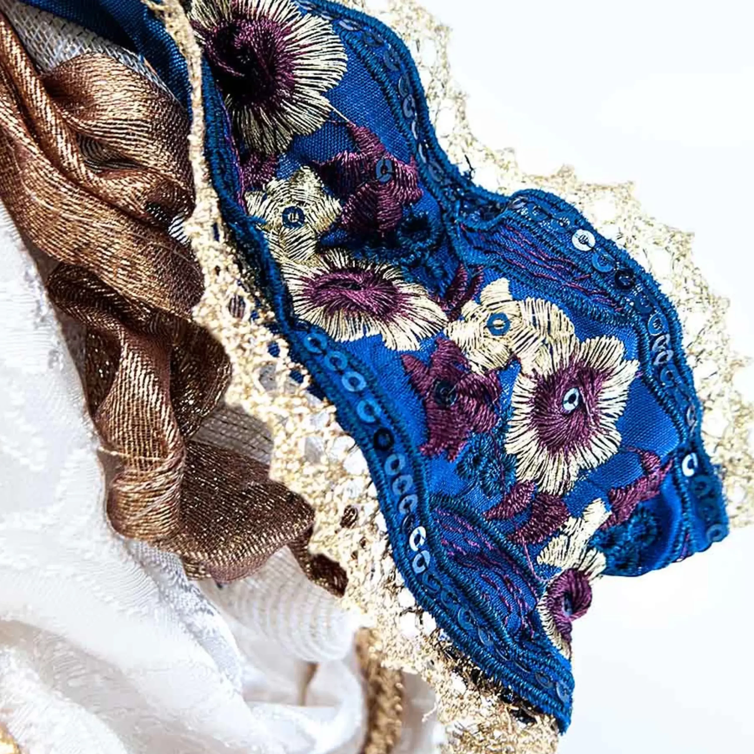 Ivory Blue Brocade Lace Standing Angel With Mandolin Halo - 25Cm