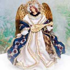 Ivory Blue Brocade Lace Standing Angel With Mandolin Halo - 25Cm