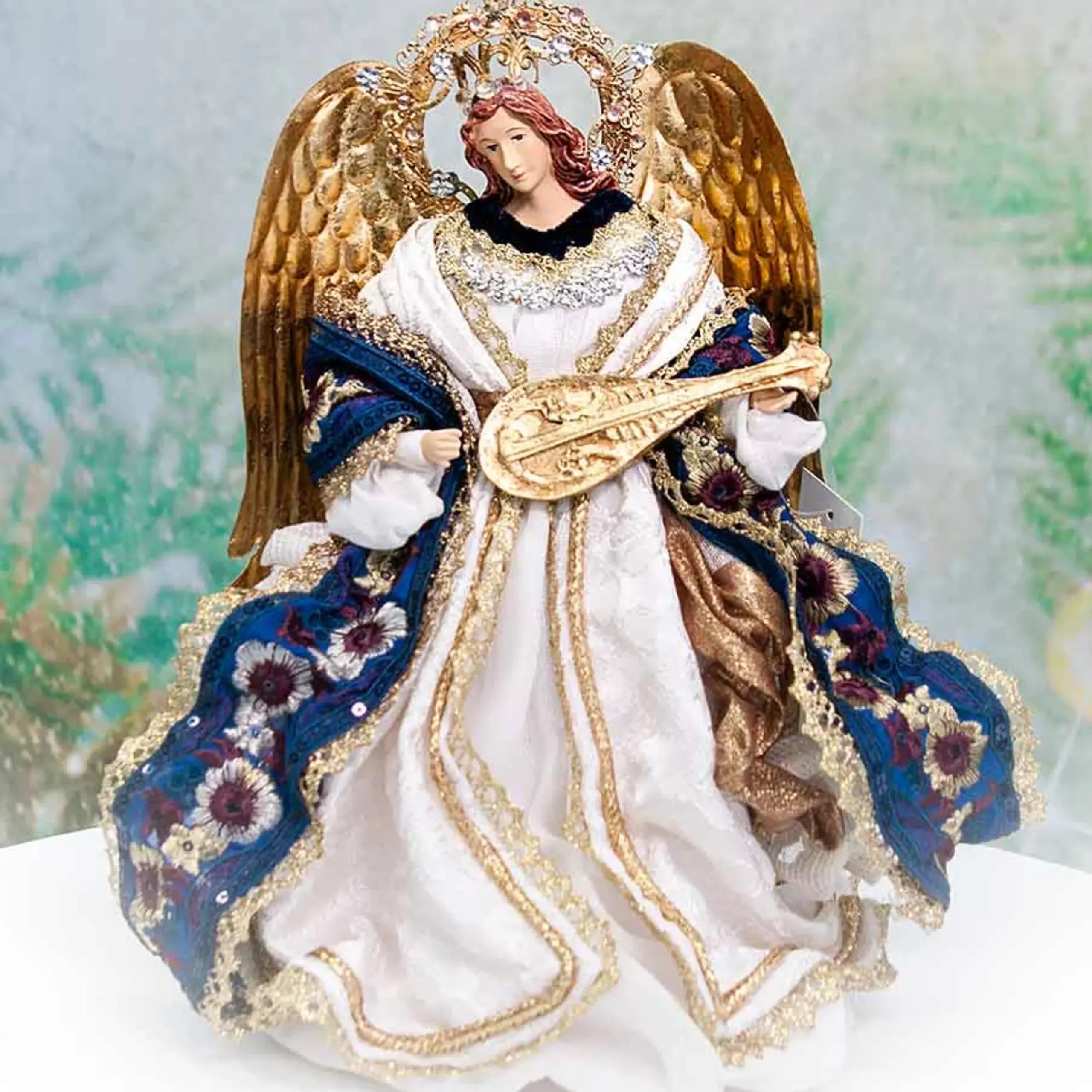 Ivory Blue Brocade Lace Standing Angel With Mandolin Halo - 25Cm