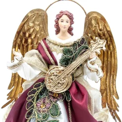 Ivory Burgundy Standing Angel With Mandolin Halo - 25Cm