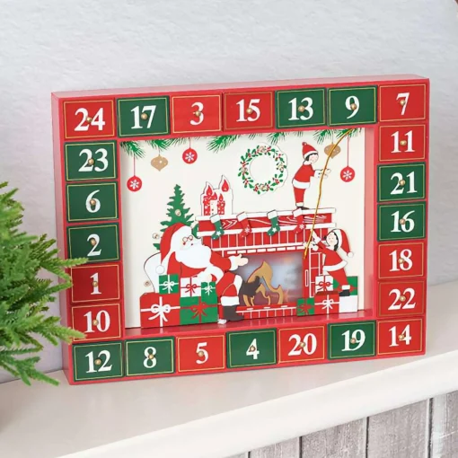 Red Christmas Advent Calendar With Backlit Santa Elf Scene - 35.5Cm