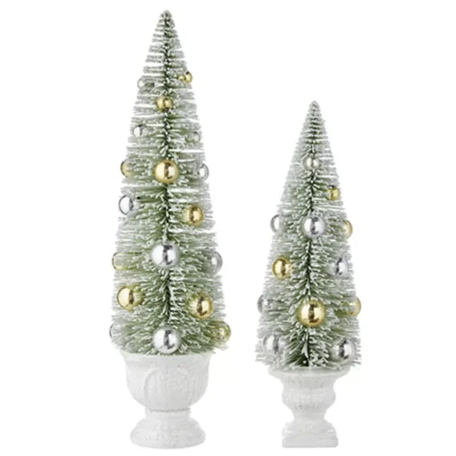Snowy Green Bottle Brush Trees With Baubles (Set Of 2)