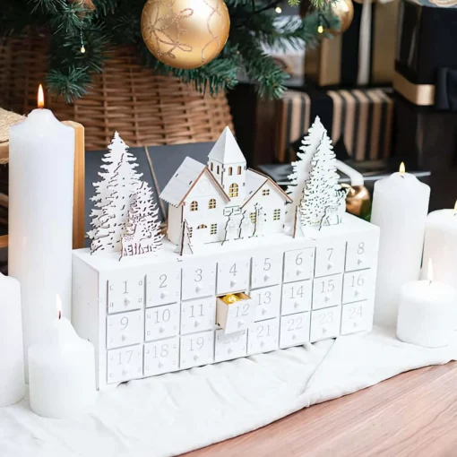 White Led Wooden Advent Calendar - 37Cm