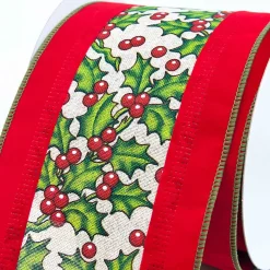 Wide Holly Pattern On Red Background Ribbon - 10M
