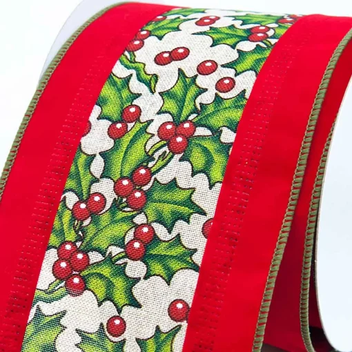 Wide Holly Pattern On Red Background Ribbon - 10M